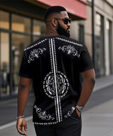 Men's Plus Size Casual Daily Black Vintage Pattern Printed Henry Collar Button Short Sleeve T-Shirt